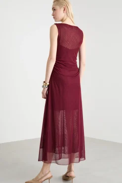 Abito svasato in tulle stretch - Bordeaux