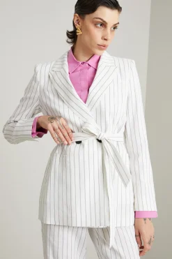 Blazer con cintura rigato - Bianco