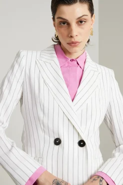 Blazer con cintura rigato - Bianco