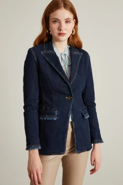 Blazer con profili sfrangiati - Blu Scuro Denim