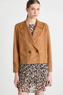 Blazer doppiopetto in tessuto dal finish vellutato - Cammello