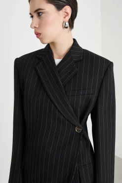 Blazer gessato con allacciatura alta - Nero