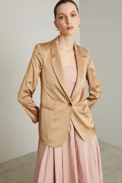 Blazer in raso con cintura - Cammello