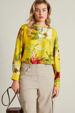 Blusa in twill di seta stampato - Giallo