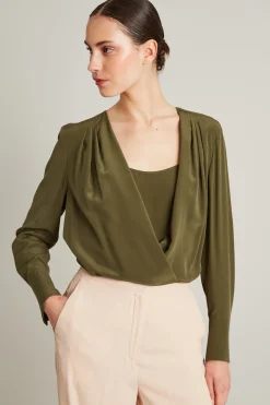 Blusa incrociata in pura seta - Verde Kaki