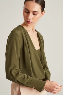 Blusa incrociata in pura seta - Verde Kaki
