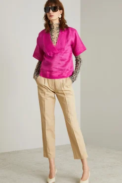 Blusa stile polo in garza - Fuxia
