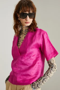 Blusa stile polo in garza - Fuxia