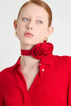 Blusa con applicazione a fiore - Rosso