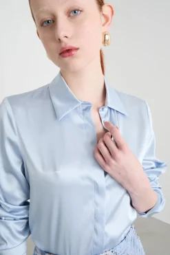 Blusa con bottoni nascosti - Azzurro