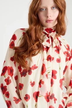 Blusa con collo a foulard - Beige Rosso