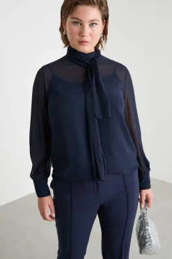 Blusa con collo a foulard - Blu