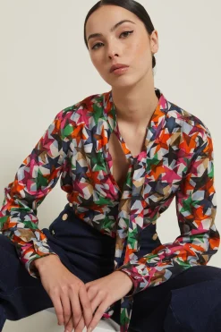 Blusa con collo a foulard - Fucsia Verde Arancione
