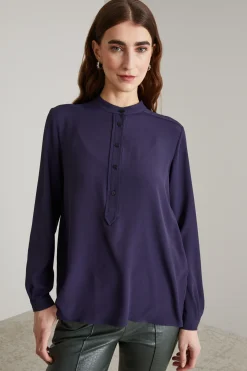 Blusa con collo alla coreana - Blu