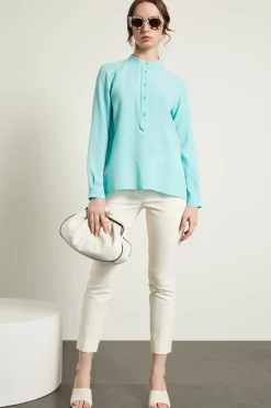 Blusa con collo alla coreana - Turchese