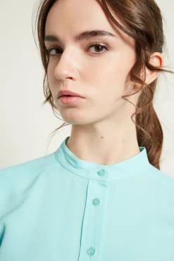 Blusa con collo alla coreana - Turchese