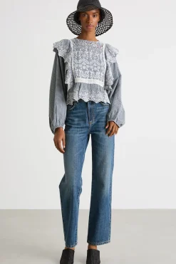 Blusa con davantino ricamato - Blu Bianco
