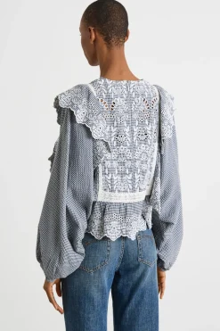 Blusa con davantino ricamato - Blu Bianco