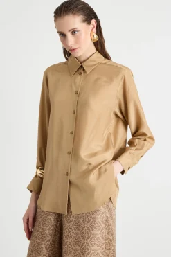 Blusa fluida con fondo stondato - Cammello