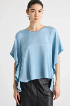 Blusa fluida in crepe de Chine - Azzurro
