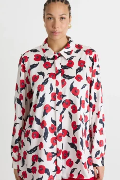 Blusa fluida in twill stampato - Bianco Rosso