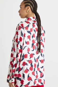 Blusa fluida in twill stampato - Bianco Rosso