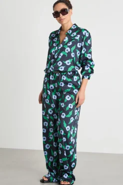 Blusa fluida in twill stampato - Verde Nero Azzurro