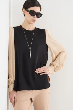 Blusa in charmeuse con maniche a sbuffo - Nero Beige