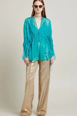 Blusa in chiffon con coulisse - Petrolio