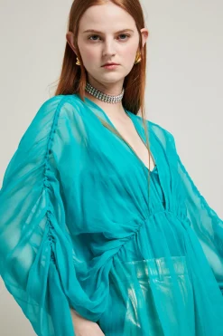 Blusa in chiffon con coulisse - Petrolio