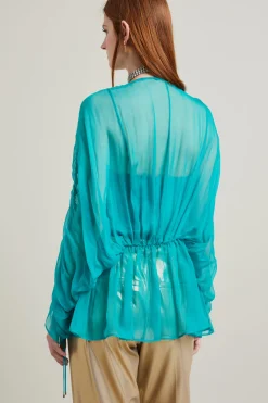 Blusa in chiffon con coulisse - Petrolio