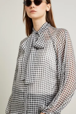 Blusa in chiffon con fiocco - Bianco Nero