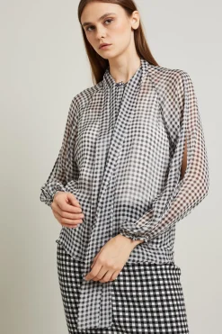 Blusa in chiffon con fiocco - Bianco Nero