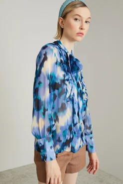 Blusa in chiffon con volant - Blu Viola Bianco