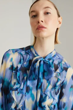 Blusa in chiffon con volant - Blu Viola Bianco