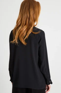 Blusa in crepe con applicazione a fiore - Nero