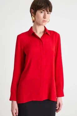 Blusa in crepe con applicazione a fiore - Rosso