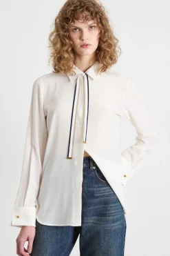 Blusa in crepe con cravattino - Bianco