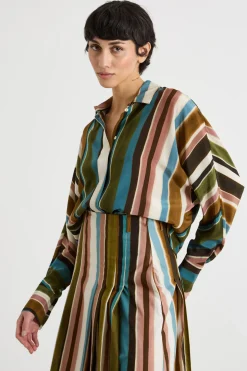 Blusa in crepe de chine fantasia - Bianco Verde Marrone