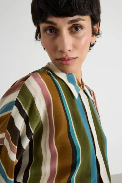 Blusa in crepe de chine fantasia - Bianco Verde Marrone