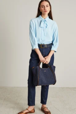 Blusa in crépe con foulard - Celeste