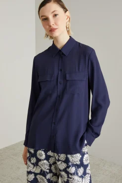 Blusa in crépe di misto seta - Blu