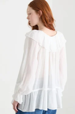 Blusa in garza con volant - Bianco