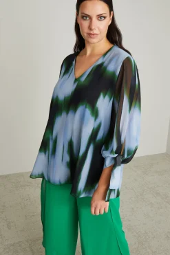 Blusa in georgette chiné - Azzurro Verde Nero