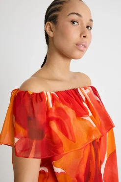 Blusa in georgette con balza - Arancione