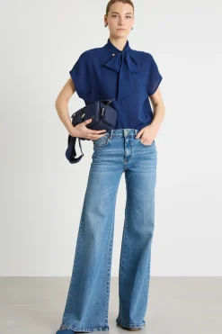 Blusa in georgette con collo a foulard - Blu