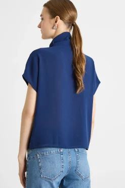 Blusa in georgette con collo a foulard - Blu