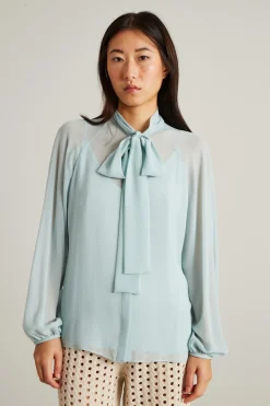 Blusa in georgette con fiocco - Azzurro Polvere