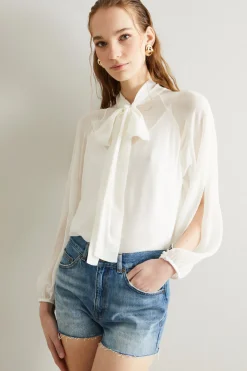 Blusa in georgette con fiocco - Bianco