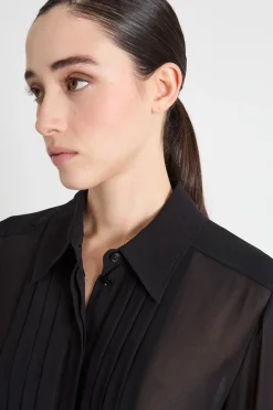 Blusa in georgette con pieghe - Nero